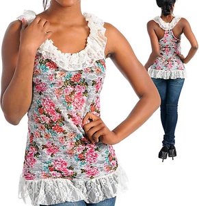 Neu Damen Cami Tank Shirt Spitze Top Elfenbein Blumen S M L - Bild 1 von 2