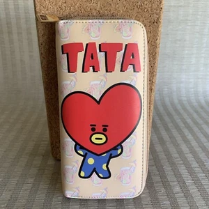 Line Friends BT21 BTS Tata V Long Wallet Cream Red Vinyl Zip Around Cards Coins - Picture 1 of 9