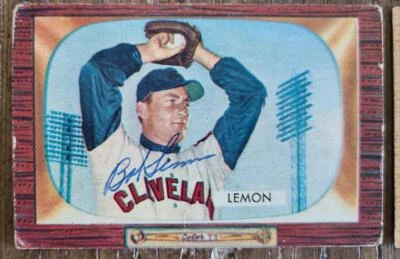 BOB LEMON 1955 BOWMAN #191 SIGNED CARD INDIANS HOF DEC - Image 1 of 2