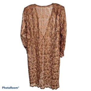Women's Tunic Brown Sheer Open Knit Floral V-Neck Light Single Button Topper L - Picture 1 of 7