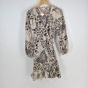 NEW Sunny Girl womens wrap dress size 10 beige leopard long sleeve Vneck 074847 - Picture 1 of 9