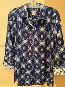 Chico's 3/4 Sleeve Shirt Top No Iron Blue Ikat Print Size 2 - Picture 1 of 5