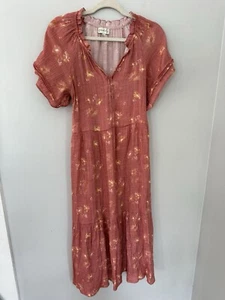 Wonderly Prairie Midi Dress Small Pink Floral Peasant Puff Sleeve Tiered Boho - Picture 1 of 7