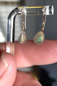 14K Solid Gold Natural Welo Opal Earrings Briolette Handmade 9mm Gems - Picture 1 of 13