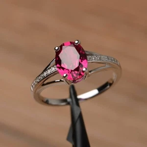 925 Sterling Silver Pink Ruby Oval Ring Lab Created Gemstone Women Minimal Ring - Picture 1 of 5