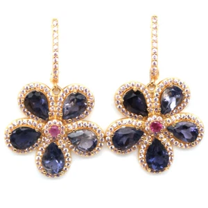 925 Sterling Silver 5 x 7 mm. Purple Iolite, Ruby & Sapphire Earrings - Picture 1 of 4