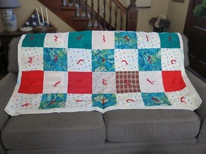 Handmade Cotton Blue Elephants Red Hearts Flowers Quilted Throw Cover Twin Bed  - Picture 1 of 8