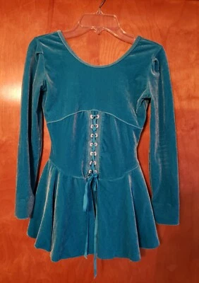Blue / Teal Capezio Childs Medium Velvet Long Sleeve Ice Skating Dress  - Image 1 of 3