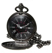 Antique Mechanical Skeleton Steampunk Mens Pocket Watch Open Case Chain Black