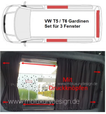 VW T5 / T6 doppellagig schwarz-schwarz Gardinen Set für 3 Fenster  - Bild 1 von 4