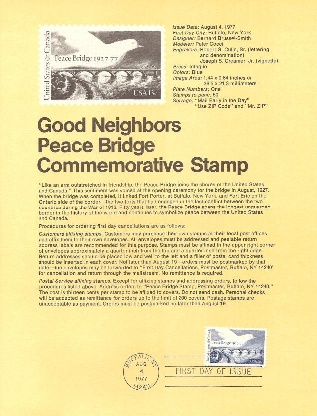 #7710 13c Peace Bridge Stamp #1721 Souvenir Page - Image 1 of 1