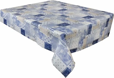 Blue Patchwork Vinyl Tablecloth Wipe Clean Plastic Pvc Textile Backed  (230) - Image 1 of 3