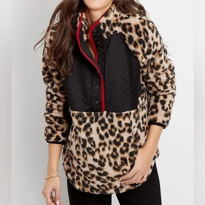 Pullover Maurices Talla 0/L Acolchado Yugo Leopardo Imitación Sherpa Negro Estampado Animal Foto 1 de 4