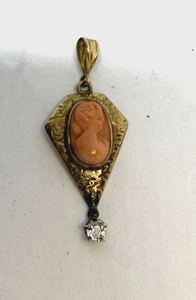 10K GELBGOLD VINTAGE KAMEE ANHÄNGER MIT KAMEE UND DIAMANT 1,7G ALT VINTAGE - Bild 1 von 9