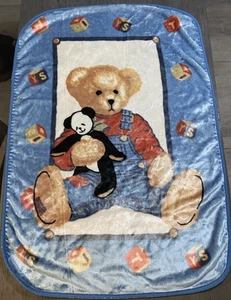 Vtg Blue Jean Teddy Bear Plush Fleece Baby Blanket Throw Panda Blocks - Picture 1 of 9