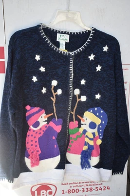 Quacker Factory Cardigan Button Up Sweater Angora Christmas, Snowman SZ XL - Image 1 of 3