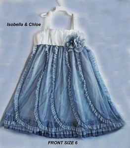 Girls Party Dress Size 6 Isobella & Chloe Cream Dusty Blue Mesh Overlay w/Ruffle - Picture 1 of 9
