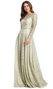Mac Duggal #491881 Size 6 Floral Jeweled Long Sleeve Lace Evening Dress Sage - Picture 1 of 17