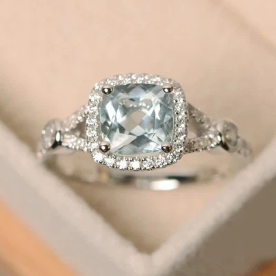 4.60Carat Cushion Natural Aquamarine Diamond Gemstone Ring 950PT Platinum Plated - Image 1 of 4