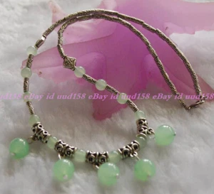 LOVELY NATURAL LIGHT GREEN JADE ROUND BEADS PENDANTS & TIBET SILVER NECKLACE 18" - Picture 1 of 2