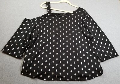 New Look Top Women’s 2X Plus Black Silver Polka Dots ¾ Sleeve Cold Shoulder Knit - Image 1 of 4