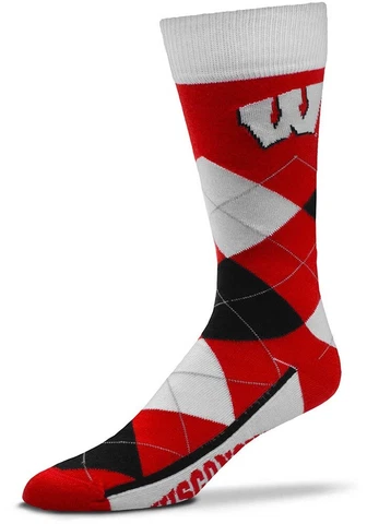 WISCONSIN BADGERS NCAA COLLEGE JERSEY LOGO ARGYLE DRESS SOCKS MENS LARGE Cover