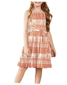 Girls Summer Dress Halter Neck Sundress A-Line Swing 13-14 Years Orange/White - Picture 1 of 6