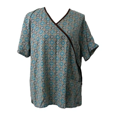 Womens XL Scrubs Top SB Scrubs Blue Brown Tile Pattern Short Sleeve - Image 1 of 4