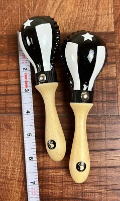 5D2 PERCUSSION Mini 6” Rawhide Maracas, 5d2. With Puerto Rico Black Flag Design.