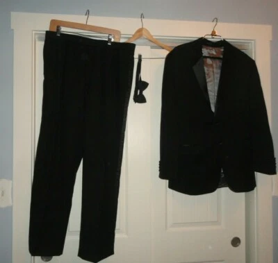 Black Calvin Klein Tuxedo 44R Jacket  w/ 36 Trousers and Bow Tie RUNS SMALL - Image 1 of 4