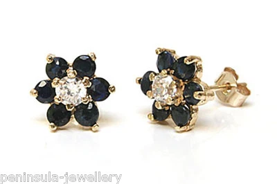 9ct Gold Sapphire and CZ Studs cluster earrings Made in UK Gift Boxed - Image 1 of 4