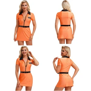 Women Halloween Carnivals Costume Short Sleeve Cosplay Prisoner Uniform Orange - Picture 1 of 27