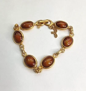Pulsera vintage Sarah Coventry dorado ojo de tigre con cadena de seguridad - Imagen 1 de 2