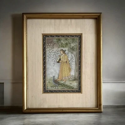 Framed Indian Gouache Painting on Marble - Peacock/Mandolin/Woman - Image 1 of 4