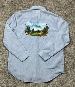 Bob Ross Shirt Mens Blue Large Happy Trees Scenic Retro Art Graphic Lake PIN - Picture 1 of 20