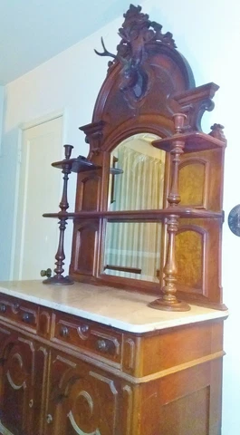 Antique Early 1900's RARE Chestnut sideboard/buffet, Marble top, Beveled Mirror Cover