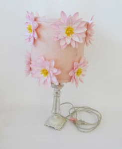 Girl's Room Pink Water Lily Silk Flowers & Crystal White Wrought Iron Table Lamp - Picture 1 of 1