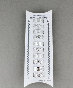 10 Silver toe rings cut out STARS toe rings open back adjustable set pack 10 - Picture 1 of 6