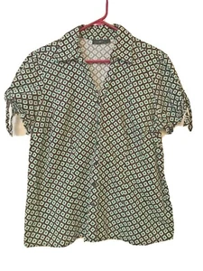 East 5th Geometric Top Button Front Brown and Green Short Sleeve Plus Size 1X - Picture 1 of 6