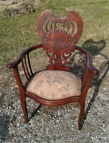 Antique Victorian Revival Mahogany Arm Chair Pressed Poinsettia Designs Cover