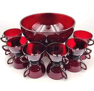 Anchor Hocking Ruby Red Punch Bowl Set – 14 Pc with Stand & Cups Vintage - Picture 1 of 10