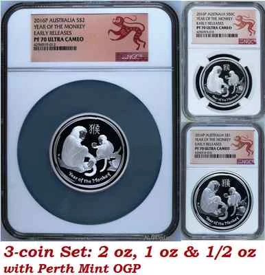 Juego de 3 monedas de plata P Australia 2016 a prueba Año Lunar del Mono NGC PF 70 ER Foto 1 de 4
