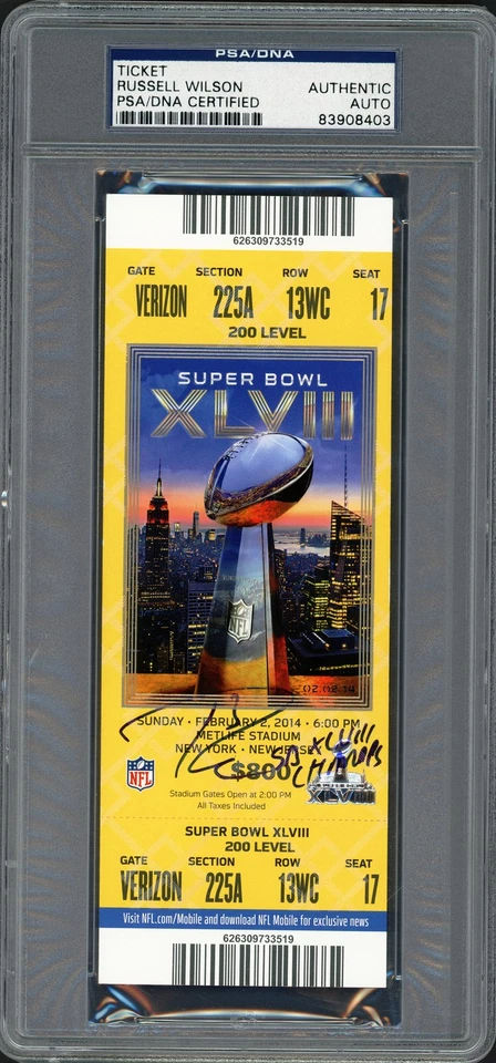 Russell Wilson Auto Super Bowl 48 Ticket Seahawks "SB XLVIII Champs" PSA/DNA - Image 1 of 2