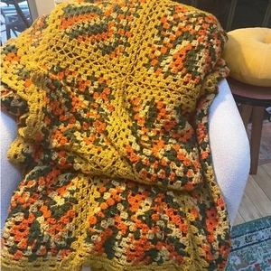 Handmade Crochet Blanket Vintage Granny Core gold green orange King szBoho - Picture 1 of 5