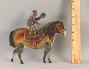 Antico giocattolo GIBBS americano vittoriano legno latta carta litografia cavallo da corsa fantino - Foto 1 di 7