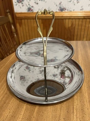 Vintage VOGUE Kromex Tidbit Two Tier Serving Tray Two Tone Sliver And Gold Tone - Image 1 of 4