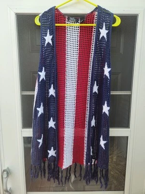 Cristal Kobe Bandera Americana Patriótico Rayas Rojo-Blanco-Azul Flecos Chaleco Mujer XL Foto 1 de 4