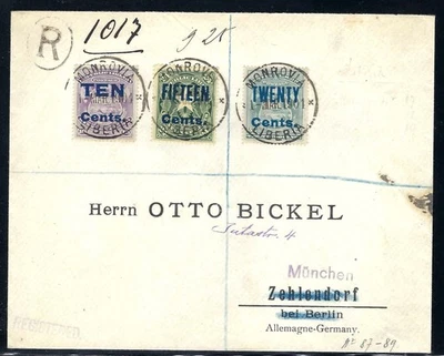 Liberia # 95-97 Cubierta a Munich (Otto Bickel) 1 Mar 1904 Foto 1 de 2
