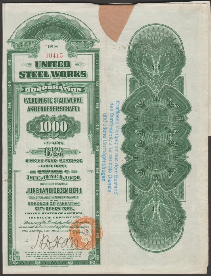 ✔️ USA RARE United Steel Works Corporation bond 1926. $1000 - Image 1 of 2