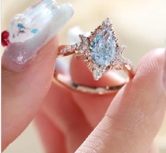 1.6 Ct Pear Cut Aquamarine/Moissanite Wedding Cluster Ring 14K Rose Gold Plated - Image 1 of 4